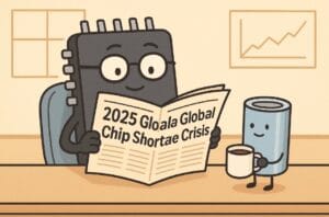 A cartoon microchip reading market news with a coffee-drinking capacitor beside it — a playful take on 2025 electronic components supplier insights