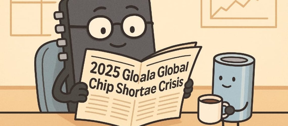 A cartoon microchip reading market news with a coffee-drinking capacitor beside it — a playful take on 2025 electronic components supplier insights